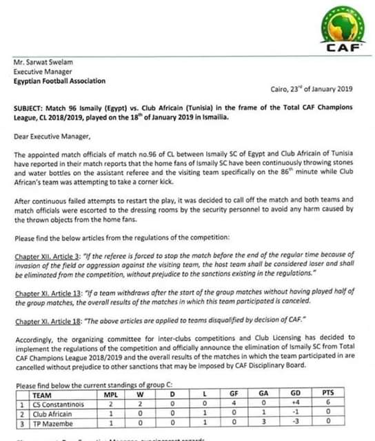 الاتحاد الافريقي يستبعد الاسماعيلي المصري من منافسات دوري مجموعات رابطة الأبطال